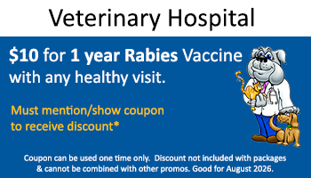 Vet Hospital – $10 for 1 year Rabies Vaccine – healthy visit